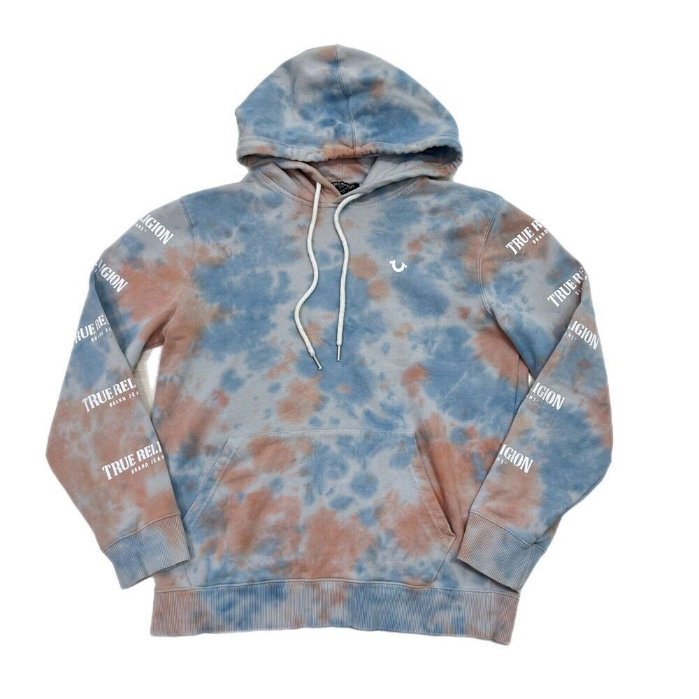 True Religion Hoodie Mens Small Tie Dye Blue Logo Spell Out Sleeves Pockets